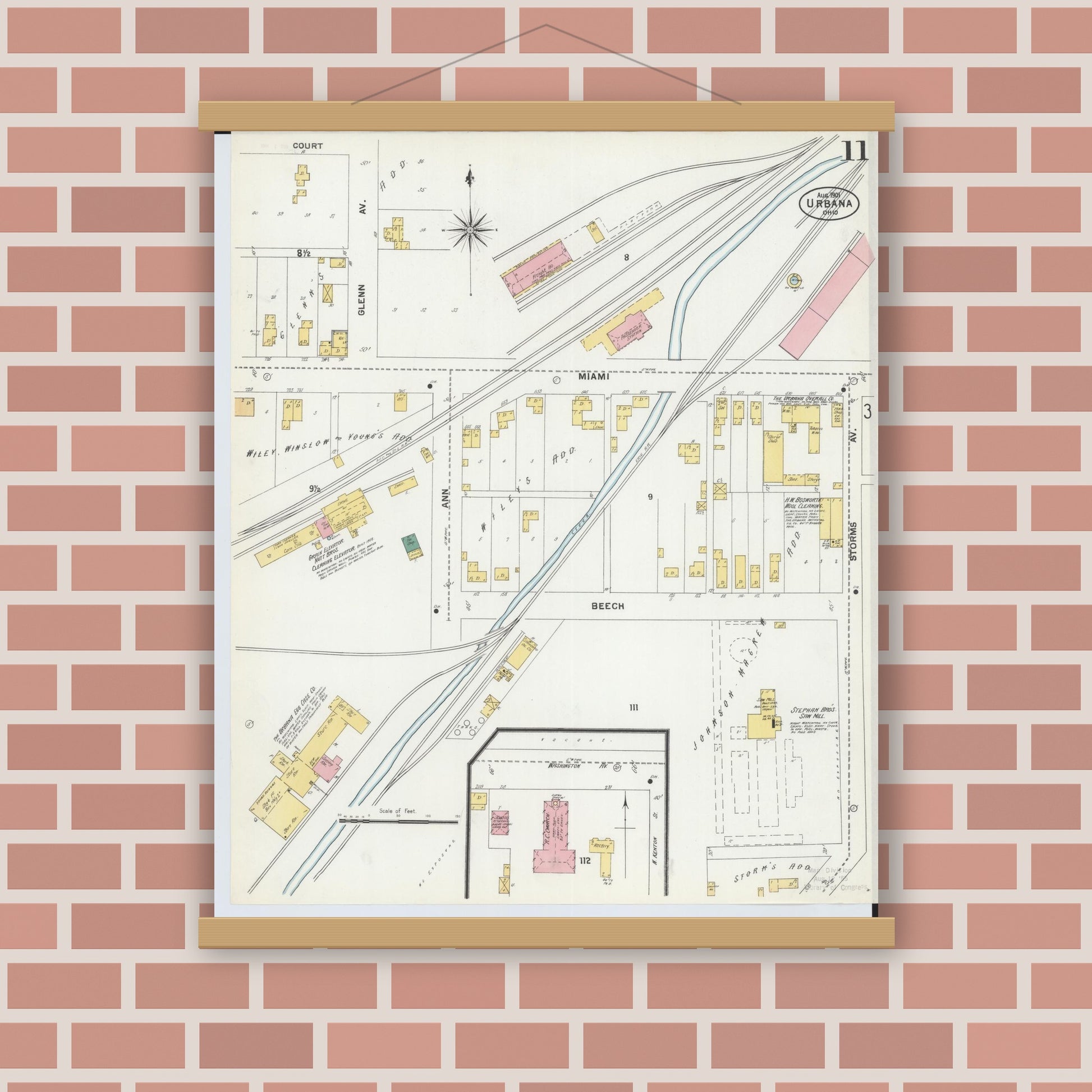 Old map wall art mockup — magnetic wood frame on brick wall — Sanborn Fire Insurance Map from Urbana, Champaign County, Ohio (1901), Sheet #0011