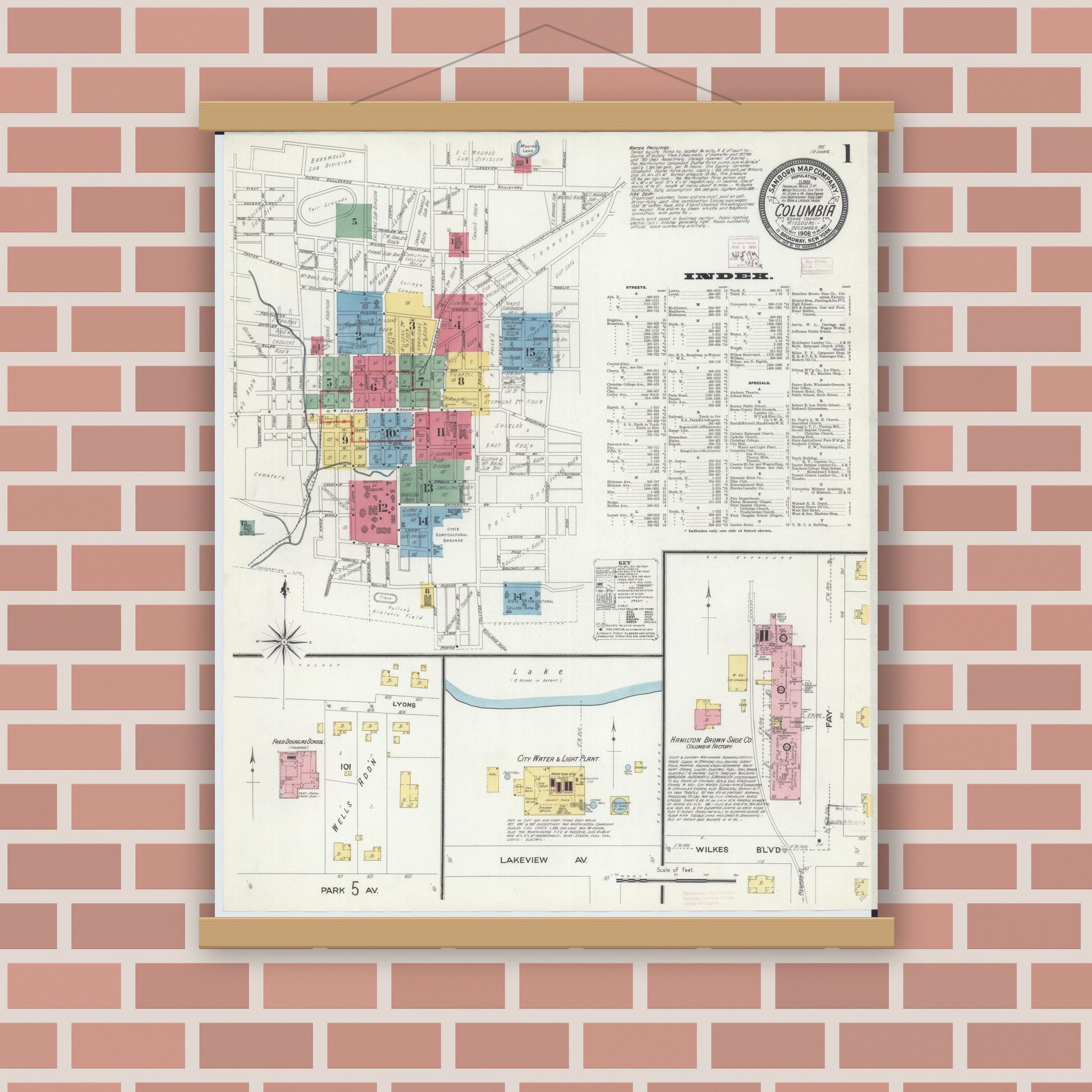 Old map wall art mockup — magnetic wood frame on brick wall — Sanborn Fire Insurance Map from Columbia, Boone County, Missouri (1908) - Complete Map Set