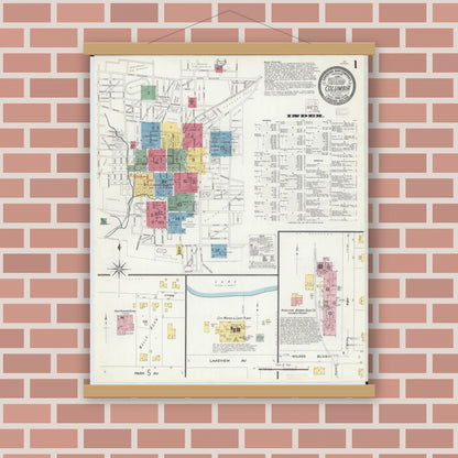 Old map wall art mockup — magnetic wood frame on brick wall — Sanborn Fire Insurance Map from Columbia, Boone County, Missouri (1908) - Complete Map Set