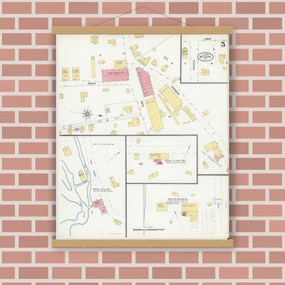 Old map wall art mockup — magnetic wood frame on brick wall — Sanborn Fire Insurance Map from Mount Airy, Surry County, North Carolina (1900), Sheet #0005