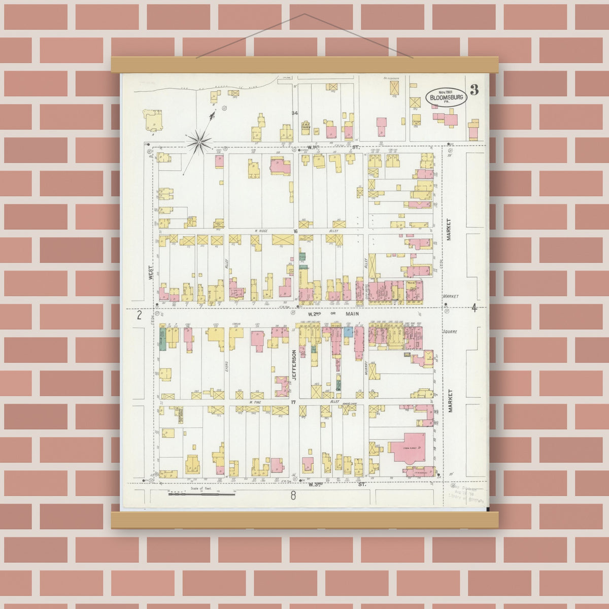 Old map wall art mockup — magnetic wood frame on brick wall — Sanborn Fire Insurance Map from Bloomsburg, Columbia County, Pennsylvania (1901), Sheet #0003