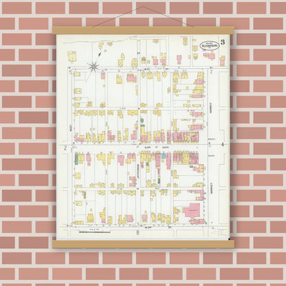 Old map wall art mockup — magnetic wood frame on brick wall — Sanborn Fire Insurance Map from Bloomsburg, Columbia County, Pennsylvania (1901), Sheet #0003