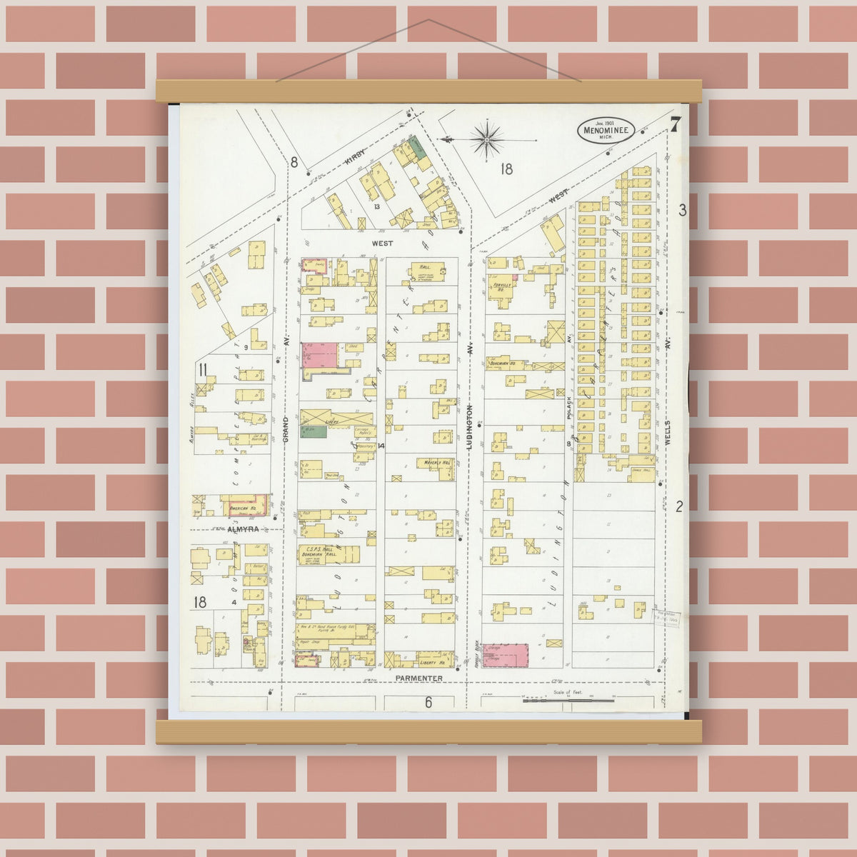 Old map wall art mockup — magnetic wood frame on brick wall — Sanborn Fire Insurance Map from Menominee, Menominee County, Michigan (1901), Sheet #0007