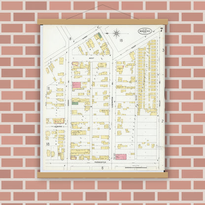 Old map wall art mockup — magnetic wood frame on brick wall — Sanborn Fire Insurance Map from Menominee, Menominee County, Michigan (1901), Sheet #0007