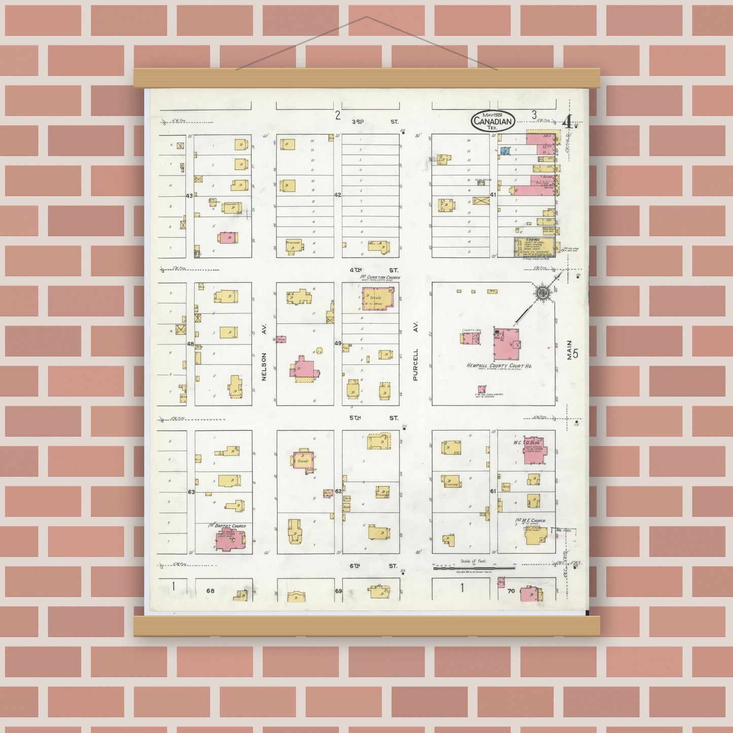 Old map wall art mockup — magnetic wood frame on brick wall — Sanborn Fire Insurance Map from Canadian, Hemphill County, Texas (1920), Sheet #0004