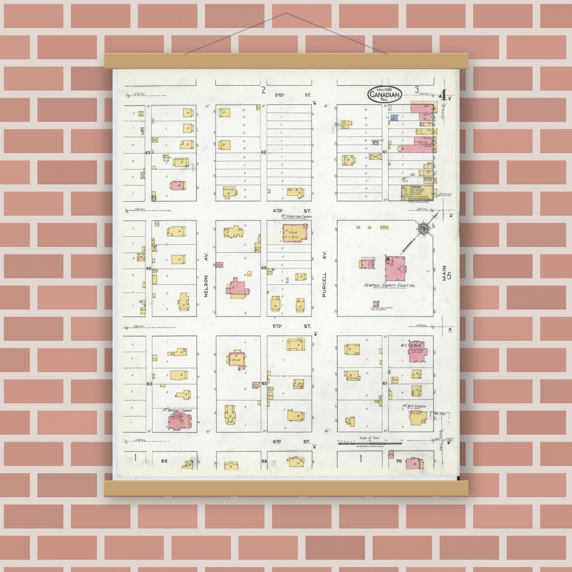 Old map wall art mockup — magnetic wood frame on brick wall — Sanborn Fire Insurance Map from Canadian, Hemphill County, Texas (1920), Sheet #0004