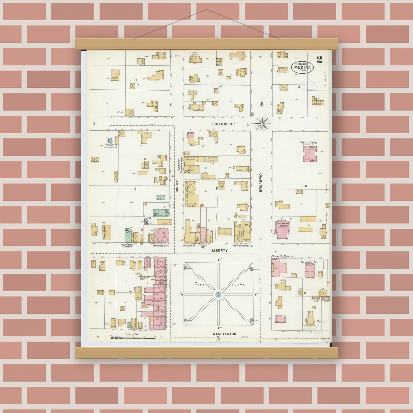 Old map wall art mockup — magnetic wood frame on brick wall — Sanborn Fire Insurance Map from Medina, Medina County, Ohio (1897), Sheet #0002