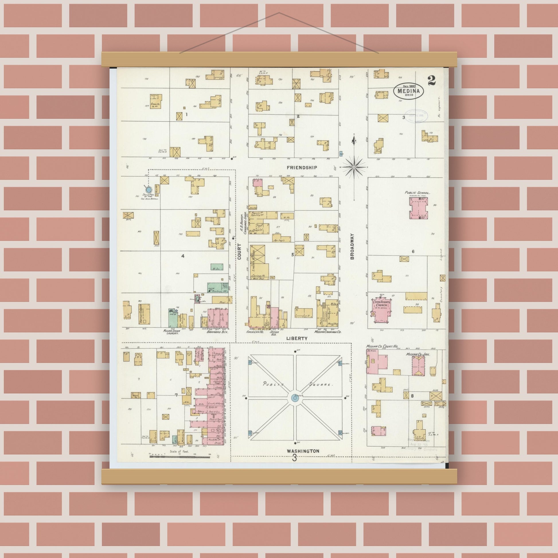 Old map wall art mockup — magnetic wood frame on brick wall — Sanborn Fire Insurance Map from Medina, Medina County, Ohio (1897), Sheet #0002