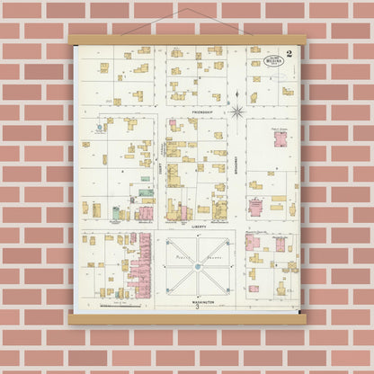 Old map wall art mockup — magnetic wood frame on brick wall — Sanborn Fire Insurance Map from Medina, Medina County, Ohio (1897), Sheet #0002
