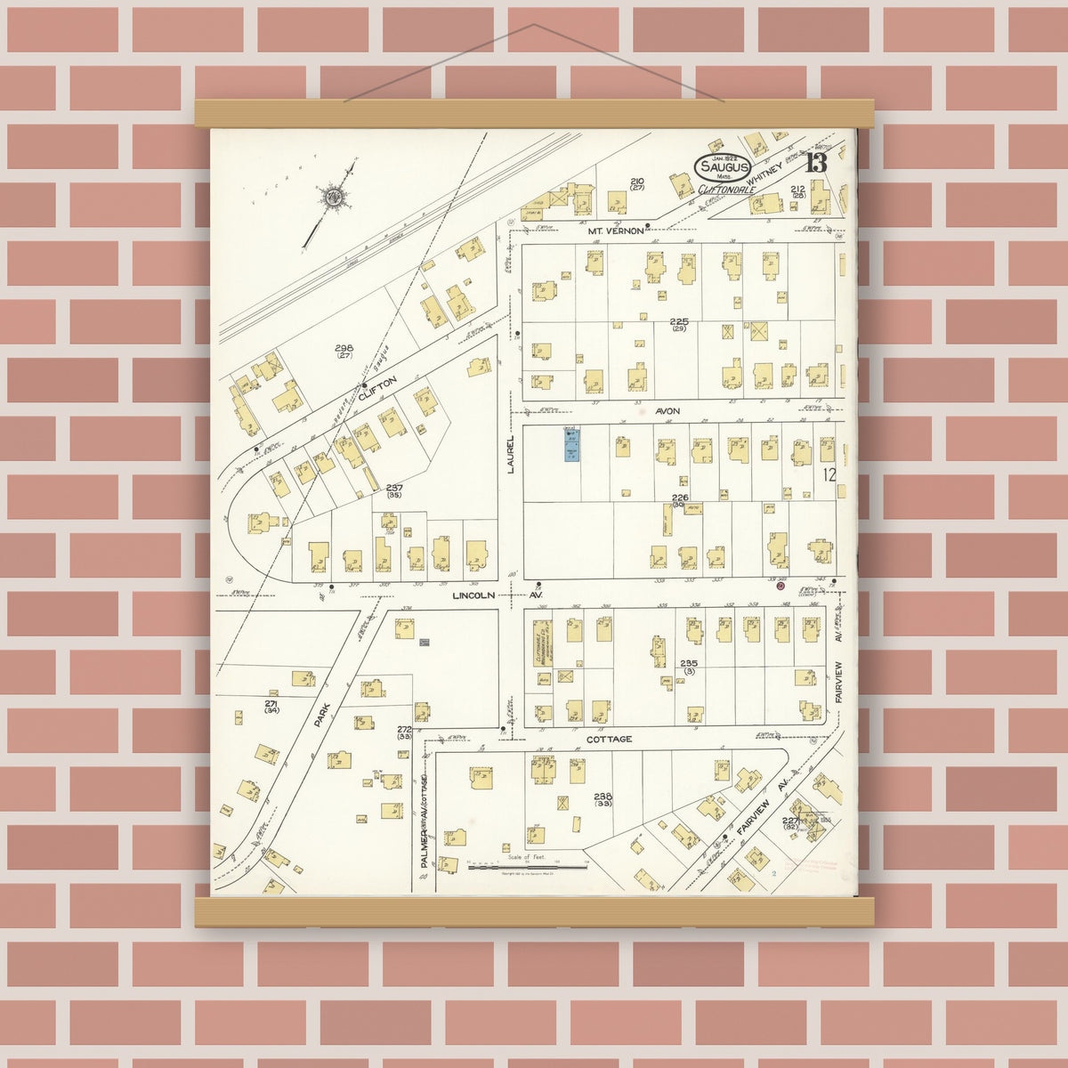 Old map wall art mockup — magnetic wood frame on brick wall — Sanborn Fire Insurance Map from Saugus, Essex County, Massachusetts (1922), Sheet #0013