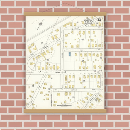 Old map wall art mockup — magnetic wood frame on brick wall — Sanborn Fire Insurance Map from Saugus, Essex County, Massachusetts (1922), Sheet #0013