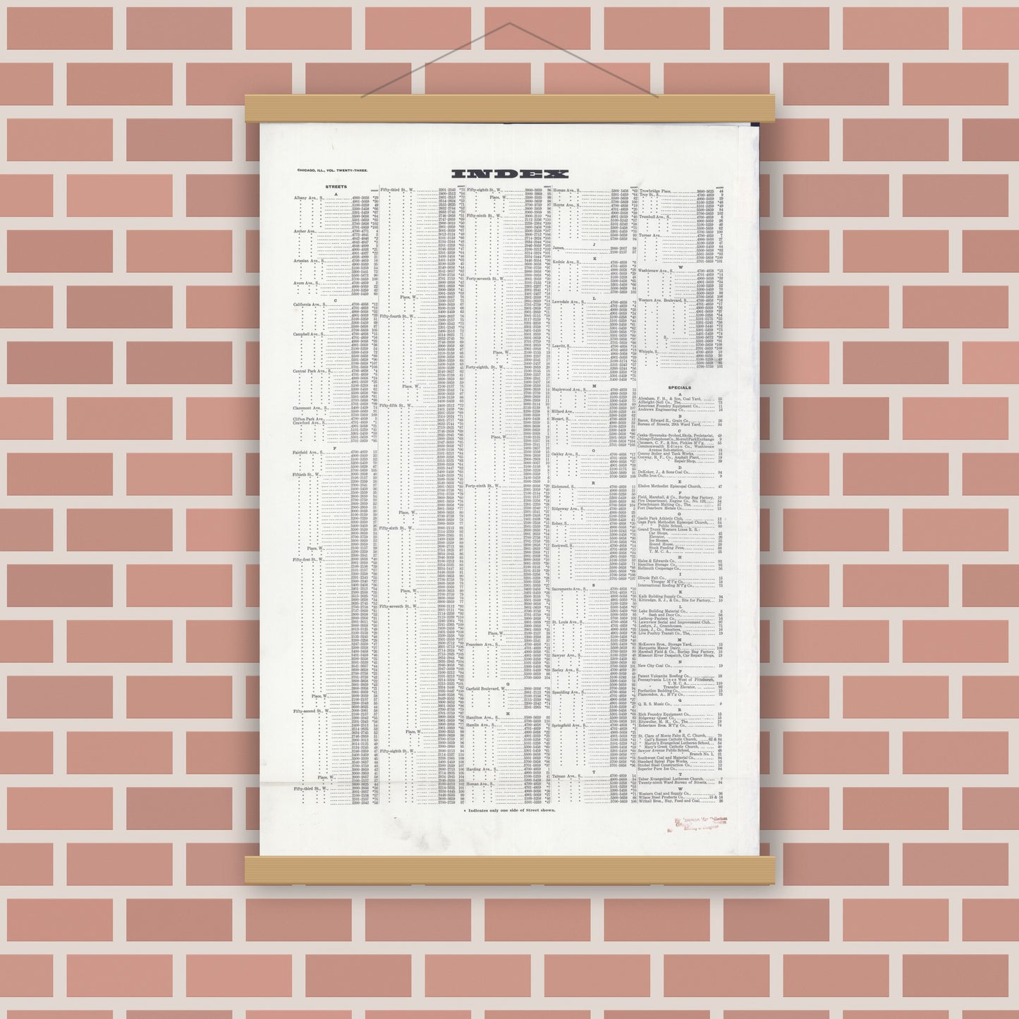 Old map wall art mockup — magnetic wood frame on brick wall — Sanborn Fire Insurance Map from Chicago, Cook County, Illinois (1920), Sheet #0001