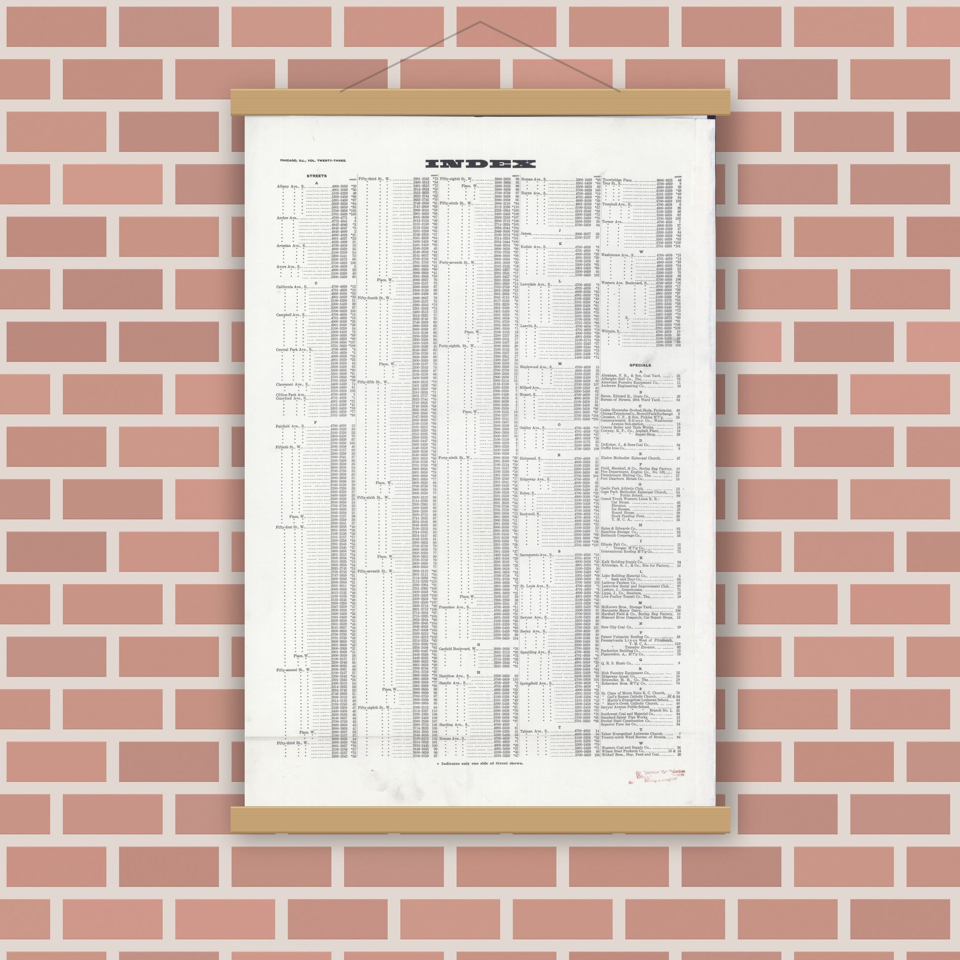 Old map wall art mockup — magnetic wood frame on brick wall — Sanborn Fire Insurance Map from Chicago, Cook County, Illinois (1920), Sheet #0001
