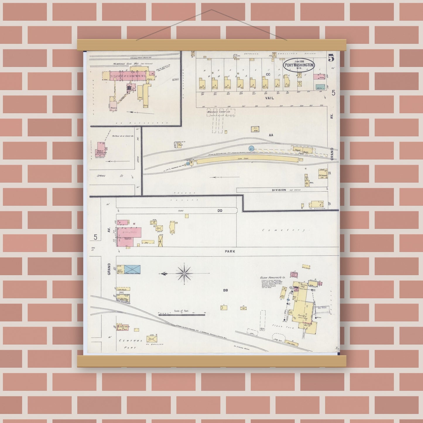 Old map wall art mockup — magnetic wood frame on brick wall — Sanborn Fire Insurance Map from Port Washington, Ozaukee County, Wisconsin (1898), Sheet #0005