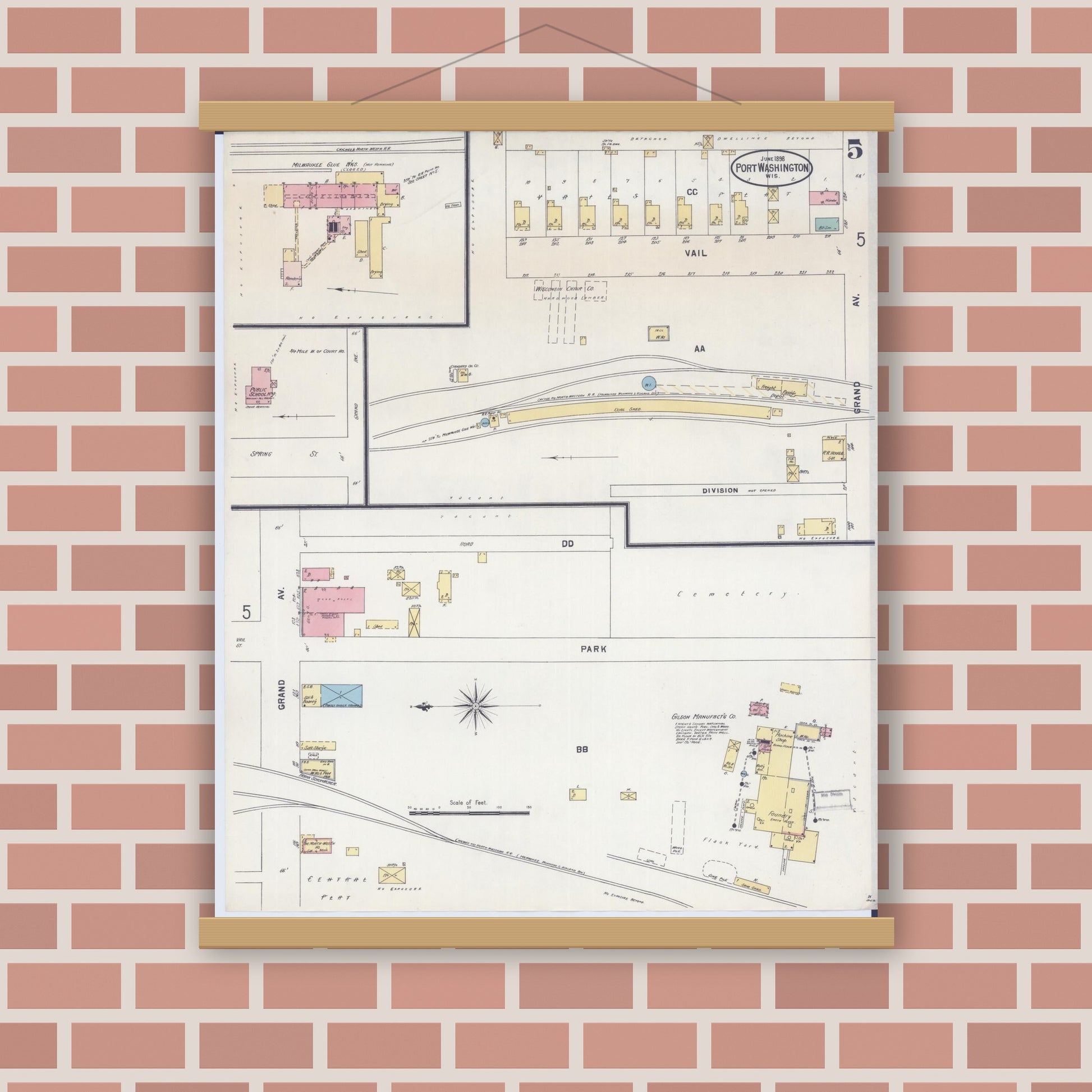 Old map wall art mockup — magnetic wood frame on brick wall — Sanborn Fire Insurance Map from Port Washington, Ozaukee County, Wisconsin (1898), Sheet #0005