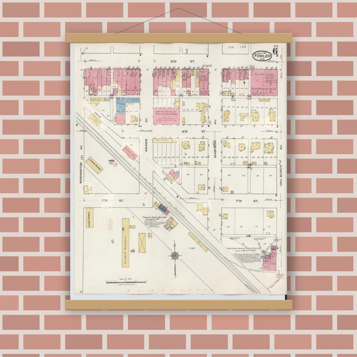 Old map wall art mockup — magnetic wood frame on brick wall — Sanborn Fire Insurance Map from Fowler, Benton County, Indiana (1932), Sheet #0006