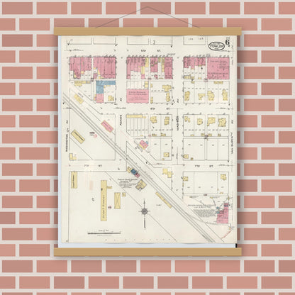 Old map wall art mockup — magnetic wood frame on brick wall — Sanborn Fire Insurance Map from Fowler, Benton County, Indiana (1932), Sheet #0006