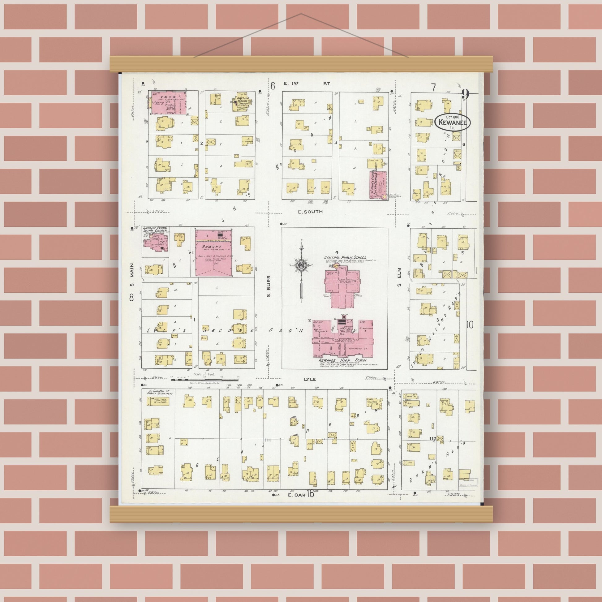 Old map wall art mockup — magnetic wood frame on brick wall — Sanborn Fire Insurance Map from Kewanee, Henry County, Illinois (1918), Sheet #0009