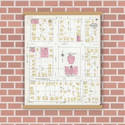Old map wall art mockup — magnetic wood frame on brick wall — Sanborn Fire Insurance Map from Kewanee, Henry County, Illinois (1918), Sheet #0009