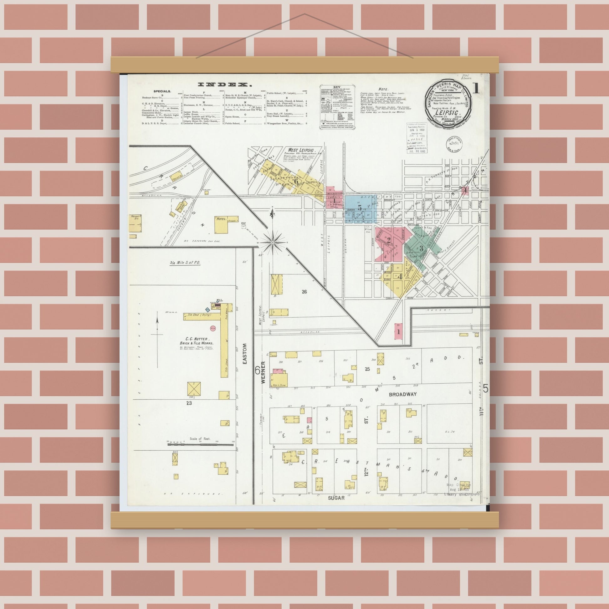 Old map wall art mockup — magnetic wood frame on brick wall — Sanborn Fire Insurance Map from Leipsic, Putnam County, Ohio (1900) - Complete Map Set