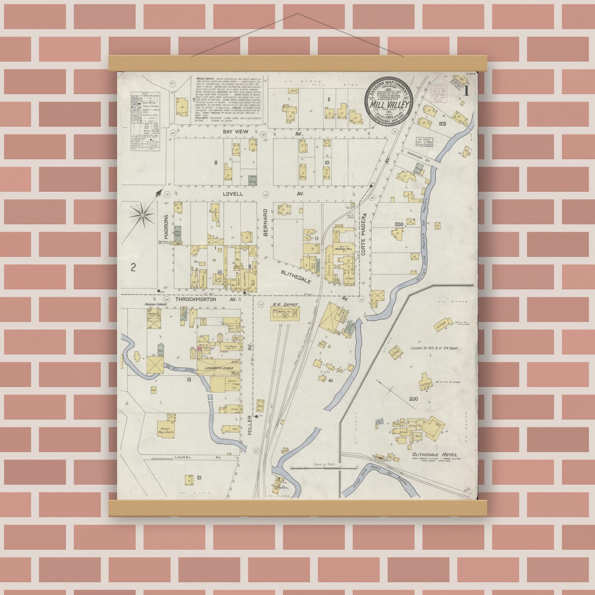 Old map wall art mockup — magnetic wood frame on brick wall — Sanborn Fire Insurance Map from Mill Valley, Marin County, California (1903) - Complete Map Set