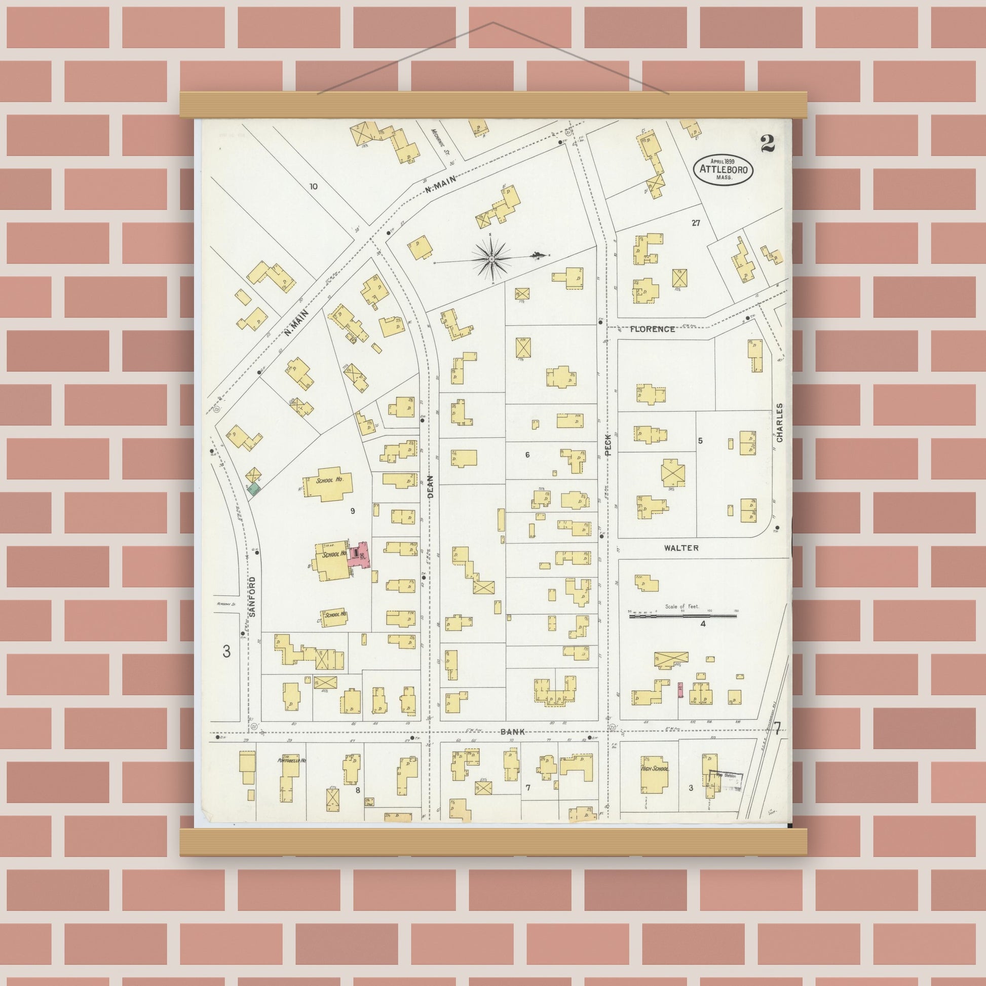 Old map wall art mockup — magnetic wood frame on brick wall — Sanborn Fire Insurance Map from Attleboro, Bristol County, Massachusetts (1899), Sheet #0002