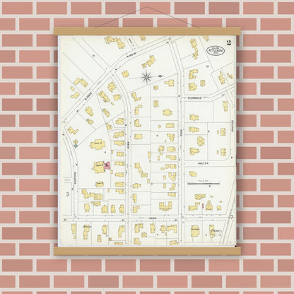 Old map wall art mockup — magnetic wood frame on brick wall — Sanborn Fire Insurance Map from Attleboro, Bristol County, Massachusetts (1899), Sheet #0002