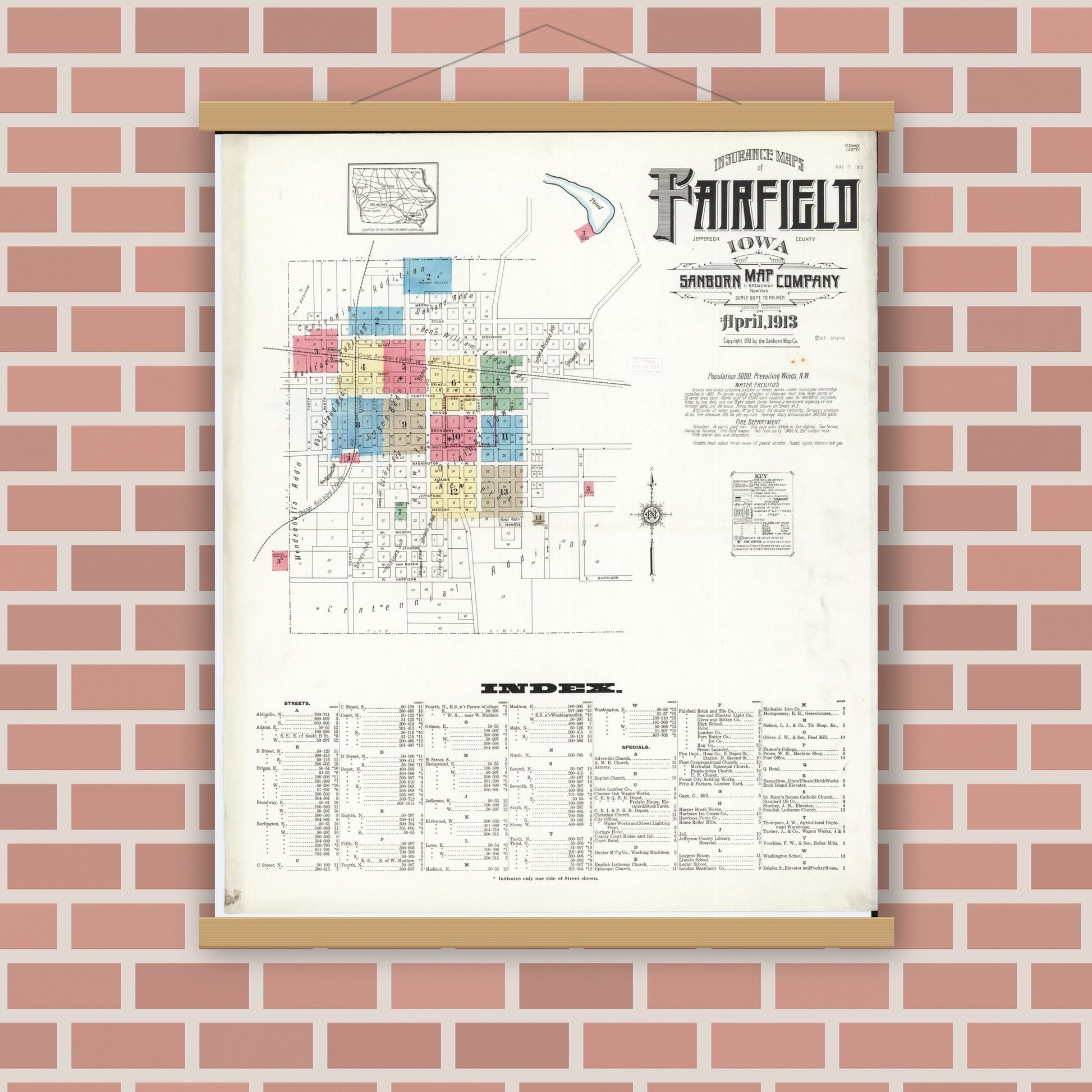 Old map wall art mockup — magnetic wood frame on brick wall — Sanborn Fire Insurance Map from Fairfield, Jefferson County, Iowa (1913) â€” Complete Set