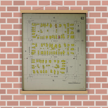 Old map wall art mockup — magnetic wood frame on brick wall — Sanborn Fire Insurance Map from Jackson, Jackson County, Michigan (1907), Sheet #0062