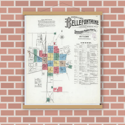 Old map wall art mockup — magnetic wood frame on brick wall — Sanborn Fire Insurance Map from Bellefontaine, Logan County, Ohio (1901) - Complete Map Set