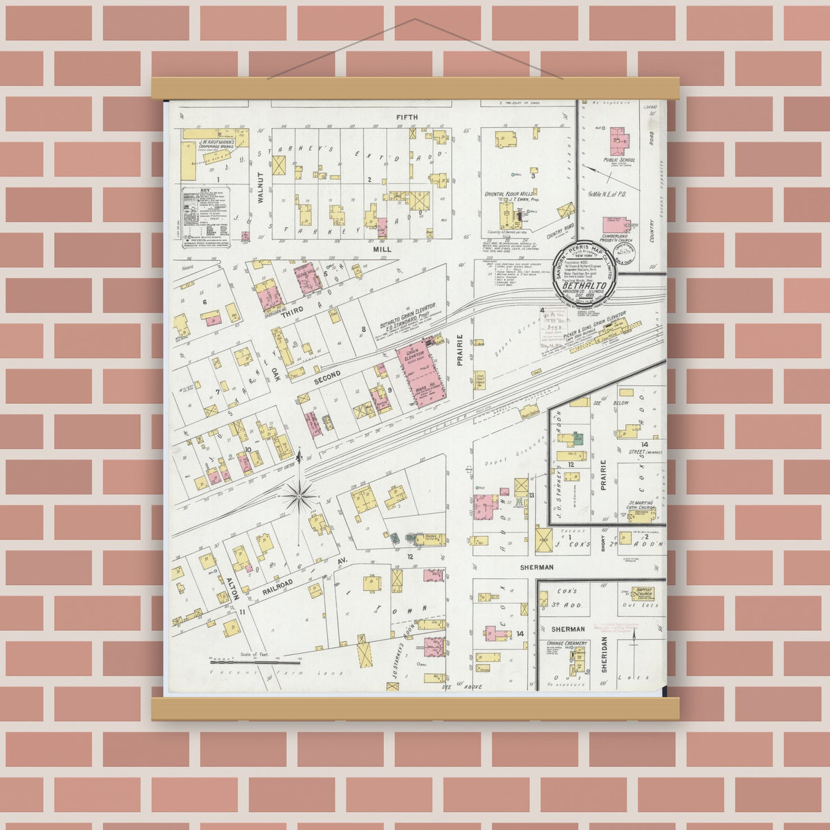 Old map wall art mockup — magnetic wood frame on brick wall — Sanborn Fire Insurance Map from Bethalto, Madison County, Illinois (1899), Sheet #0001