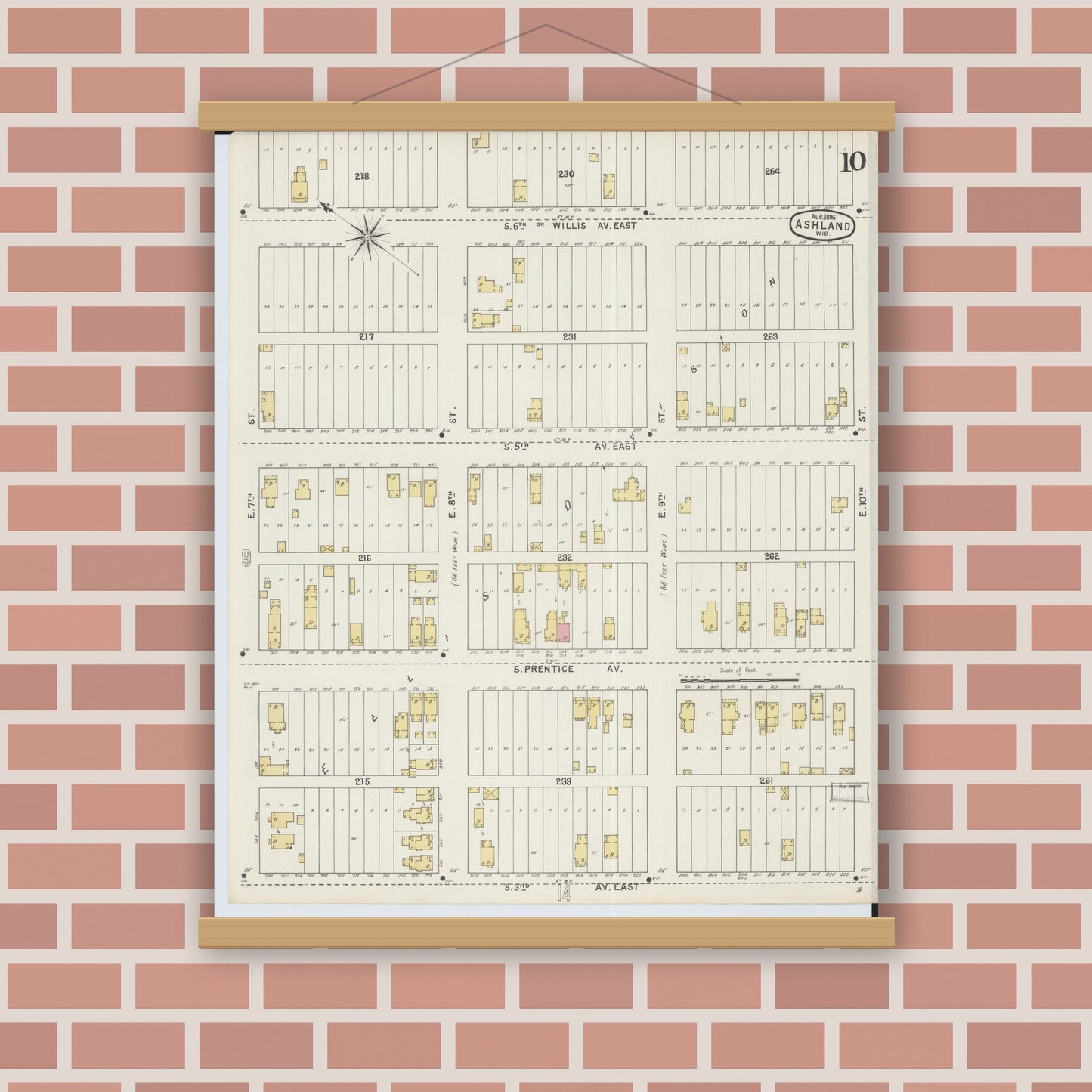 Old map wall art mockup — magnetic wood frame on brick wall — Sanborn Fire Insurance Map from Ashland, Ashland County, Wisconsin (1895), Sheet #0010