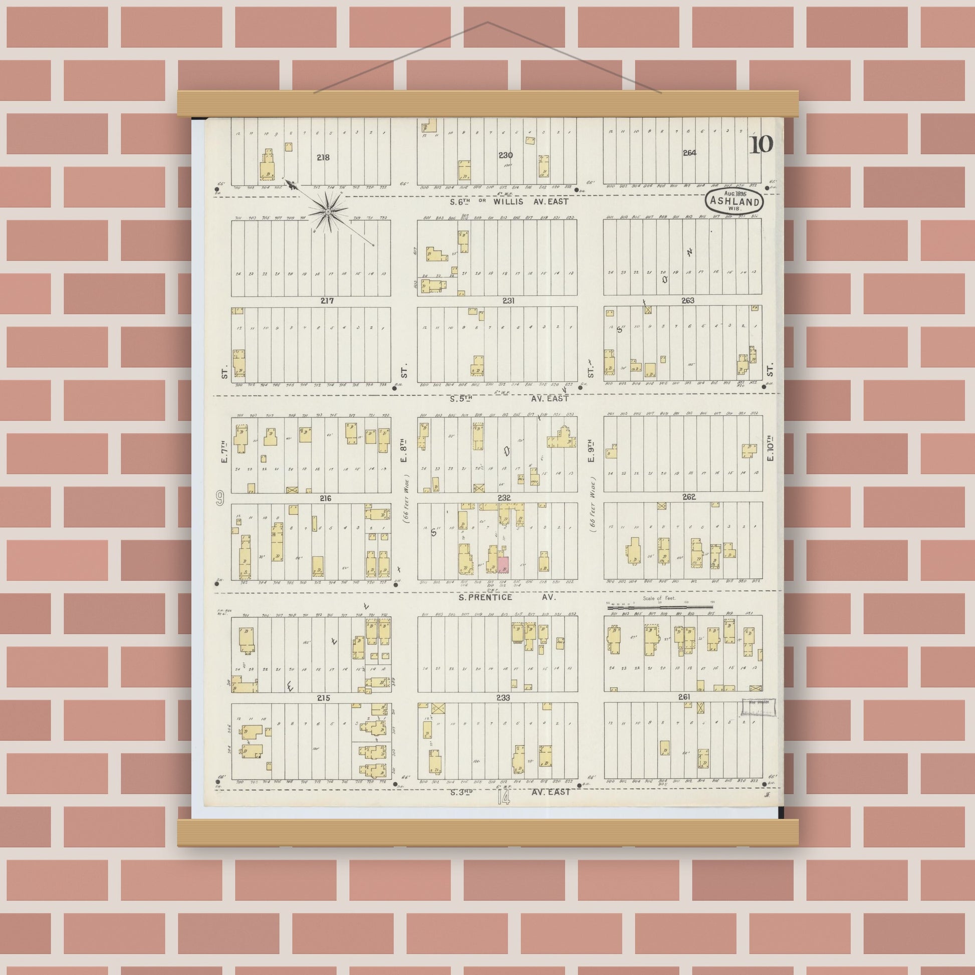 Old map wall art mockup — magnetic wood frame on brick wall — Sanborn Fire Insurance Map from Ashland, Ashland County, Wisconsin (1895), Sheet #0010