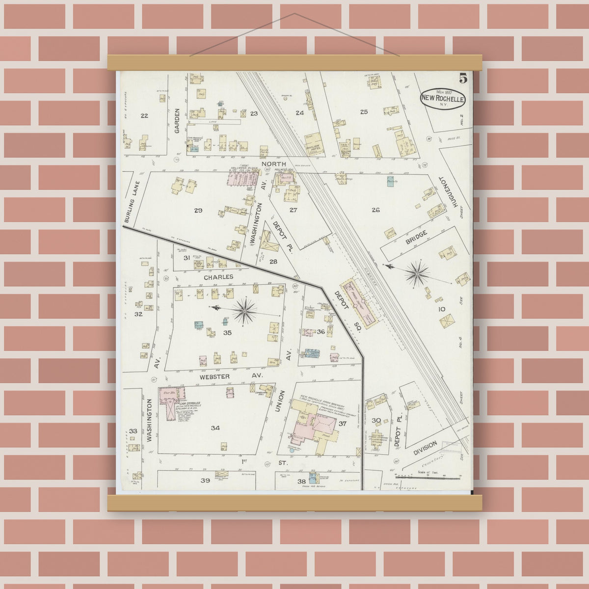 Old map wall art mockup — magnetic wood frame on brick wall — Sanborn Fire Insurance Map from New Rochelle, Westchester County, New York (1887), Sheet #0005