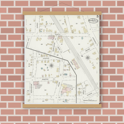 Old map wall art mockup — magnetic wood frame on brick wall — Sanborn Fire Insurance Map from New Rochelle, Westchester County, New York (1887), Sheet #0005