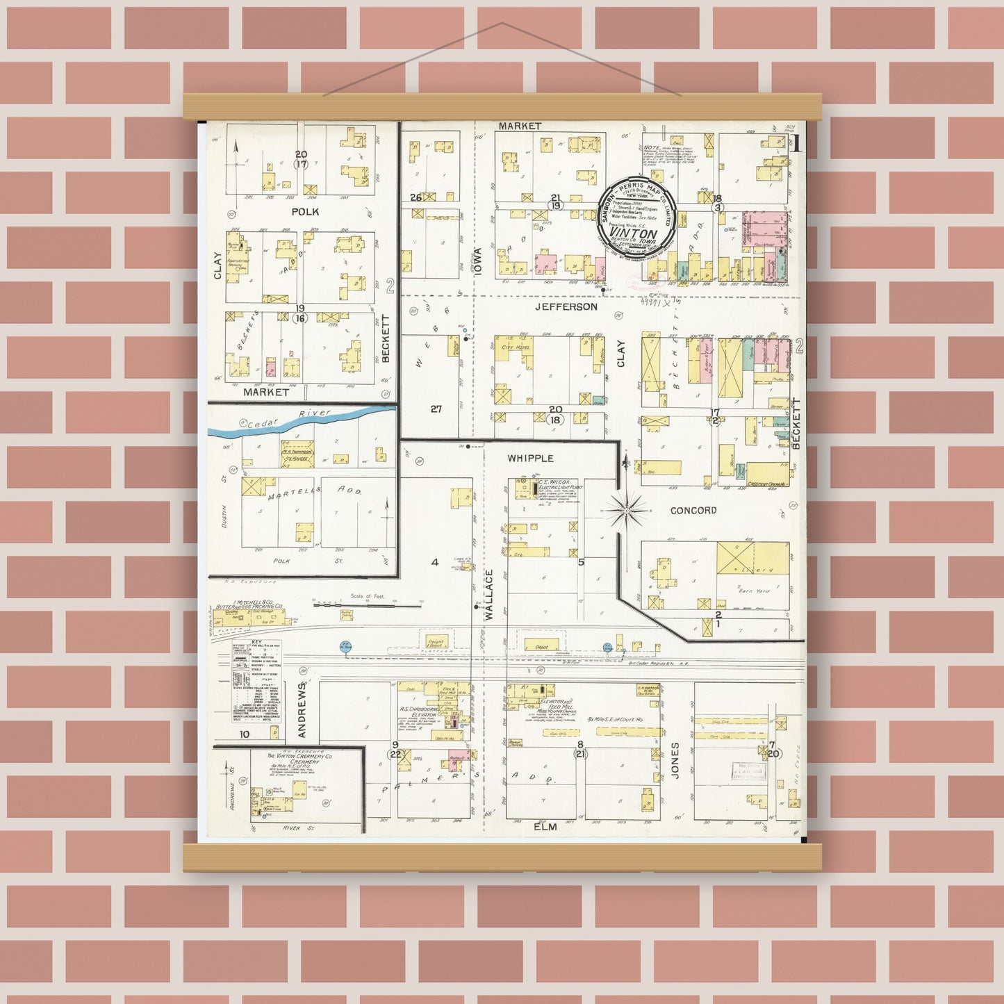 Old map wall art mockup — magnetic wood frame on brick wall — Sanborn Fire Insurance Map from Vinton, Benton County, Iowa (1892) â€” Complete Set