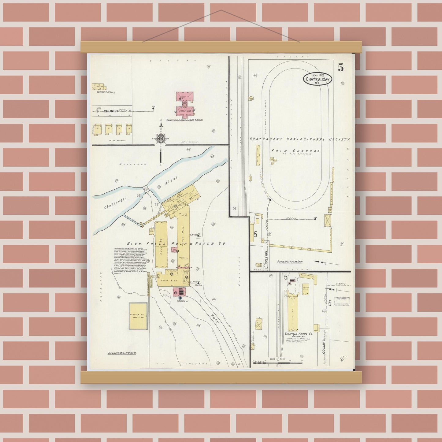Old map wall art mockup — magnetic wood frame on brick wall — Sanborn Fire Insurance Map from Chateaugay, Franklin County, New York (1912), Sheet #0005