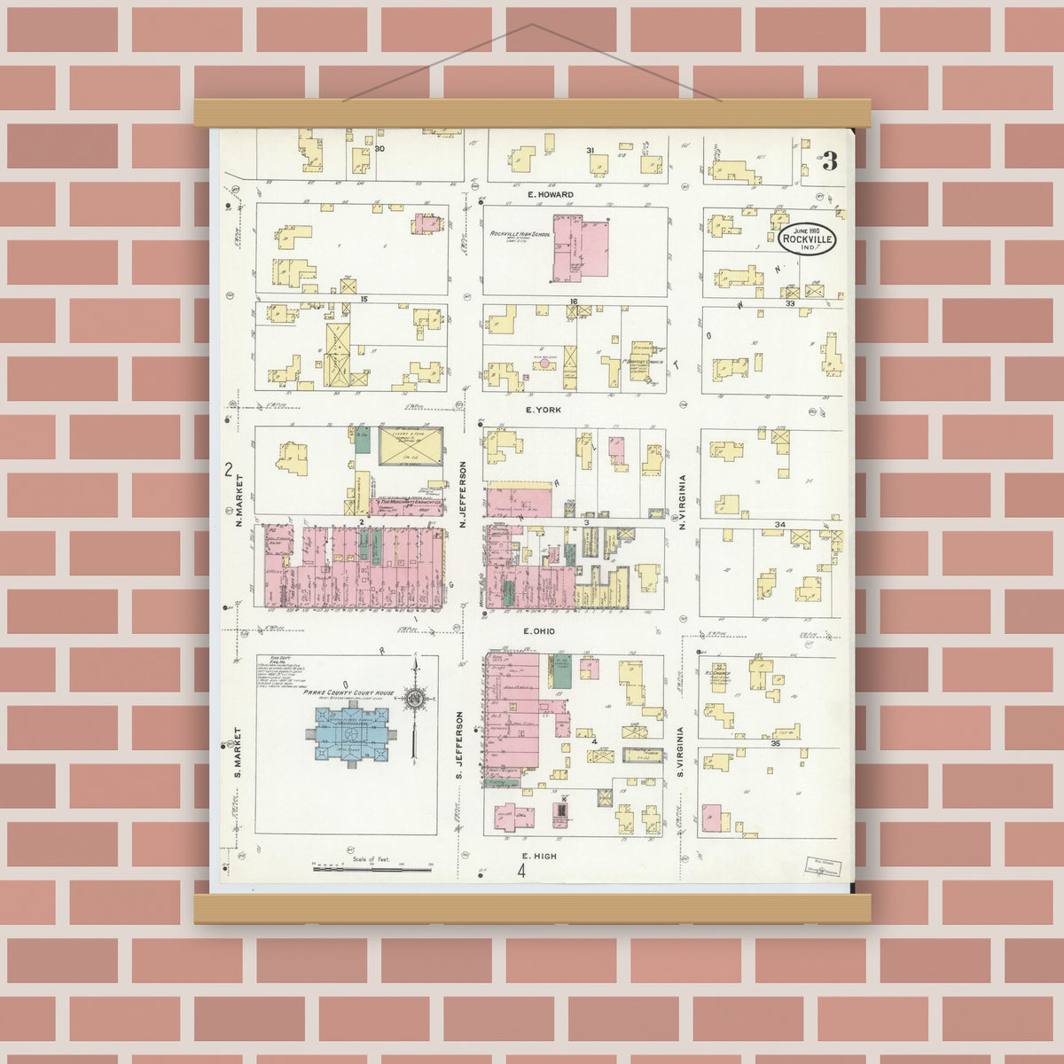 Old map wall art mockup — magnetic wood frame on brick wall — Sanborn Fire Insurance Map from Rockville, Parke County, Indiana (1910), Sheet #0003