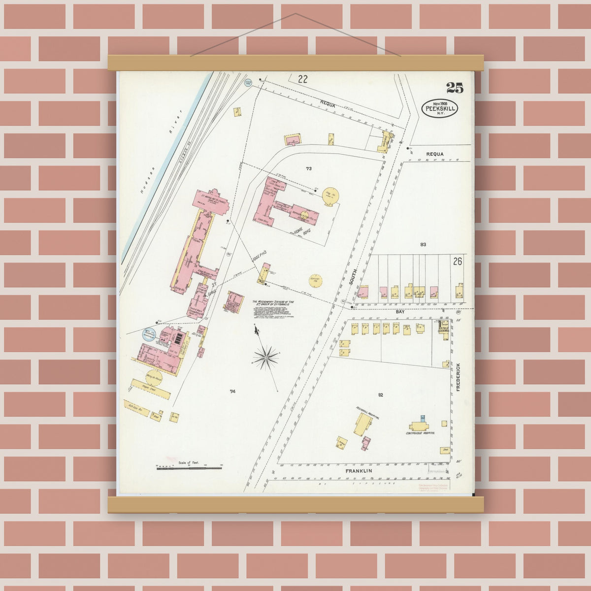 Old map wall art mockup — magnetic wood frame on brick wall — Sanborn Fire Insurance Map from Peekskill, Westchester County, New York (1905), Sheet #0025