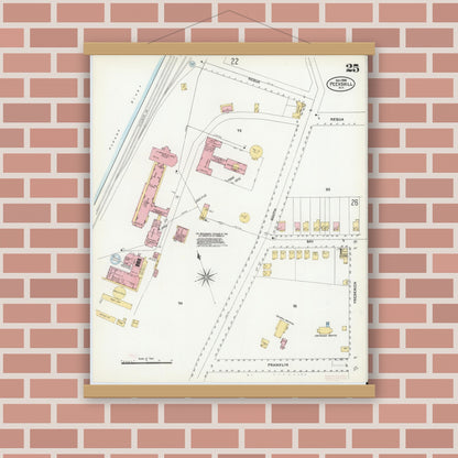 Old map wall art mockup — magnetic wood frame on brick wall — Sanborn Fire Insurance Map from Peekskill, Westchester County, New York (1905), Sheet #0025