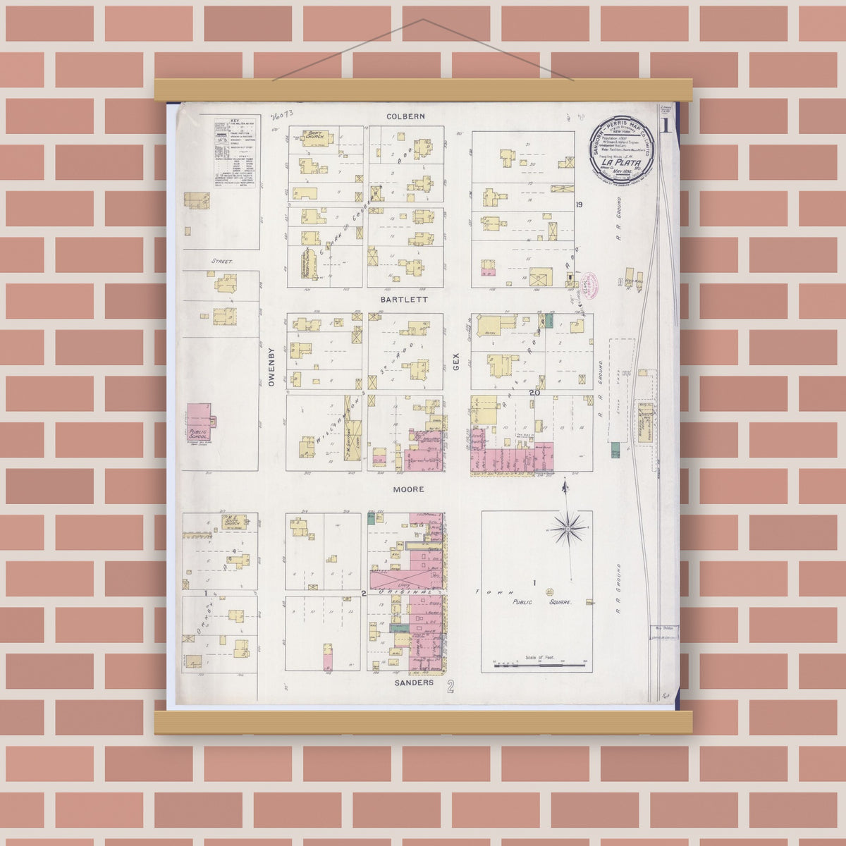 Old map wall art mockup — magnetic wood frame on brick wall — Sanborn Fire Insurance Map from La Plata, Macon County, Missouri (1894) - Complete Map Set
