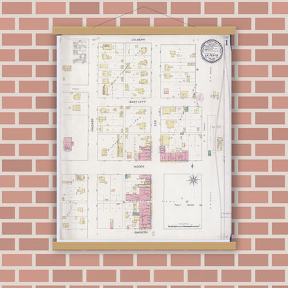 Old map wall art mockup — magnetic wood frame on brick wall — Sanborn Fire Insurance Map from La Plata, Macon County, Missouri (1894) - Complete Map Set