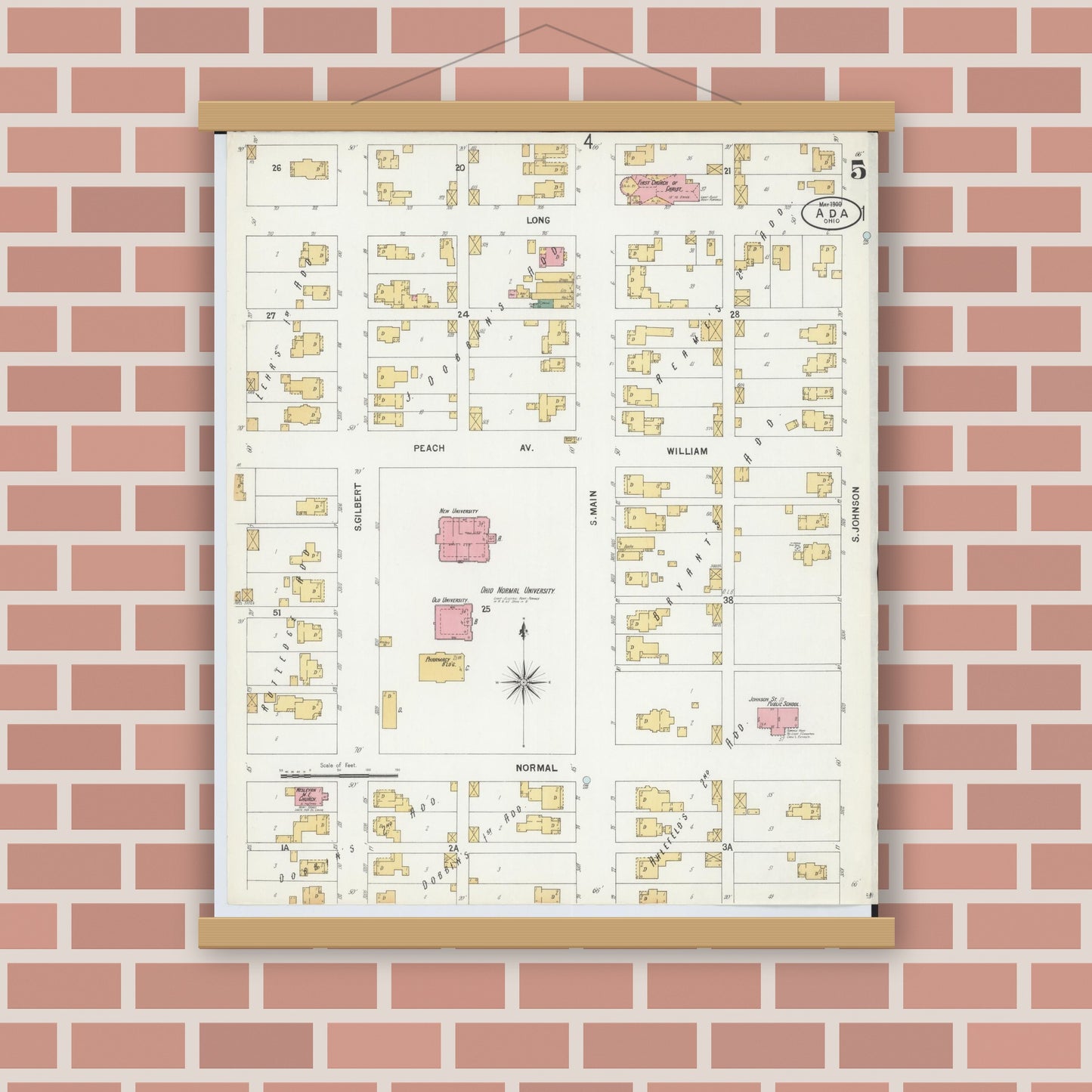 Old map wall art mockup — magnetic wood frame on brick wall — Sanborn Fire Insurance Map from Ada, Hardin County, Ohio (1900), Sheet #0005