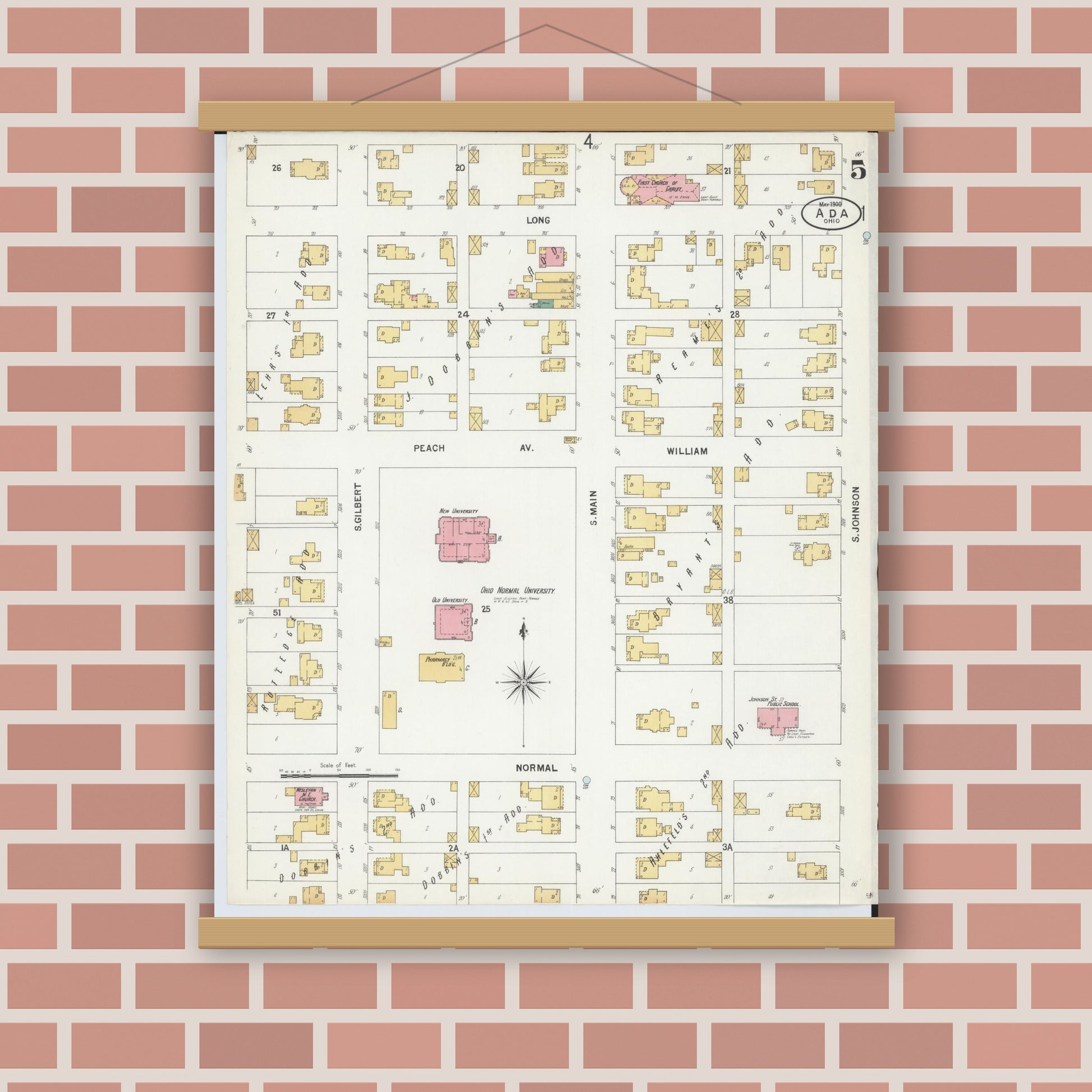 Old map wall art mockup — magnetic wood frame on brick wall — Sanborn Fire Insurance Map from Ada, Hardin County, Ohio (1900), Sheet #0005