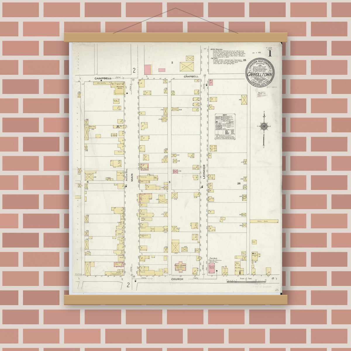 Old map wall art mockup — magnetic wood frame on brick wall — Sanborn Fire Insurance Map from Carrolltown, Cambria County, Pennsylvania (1910) - Complete Map Set