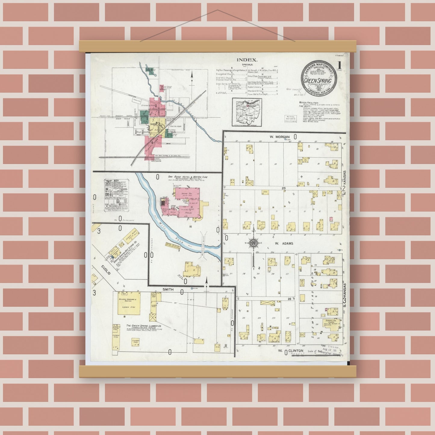 Old map wall art mockup — magnetic wood frame on brick wall — Sanborn Fire Insurance Map from Green Springs, Sandusky And Seneca Counties, Ohio (1921) - Complete Map Set