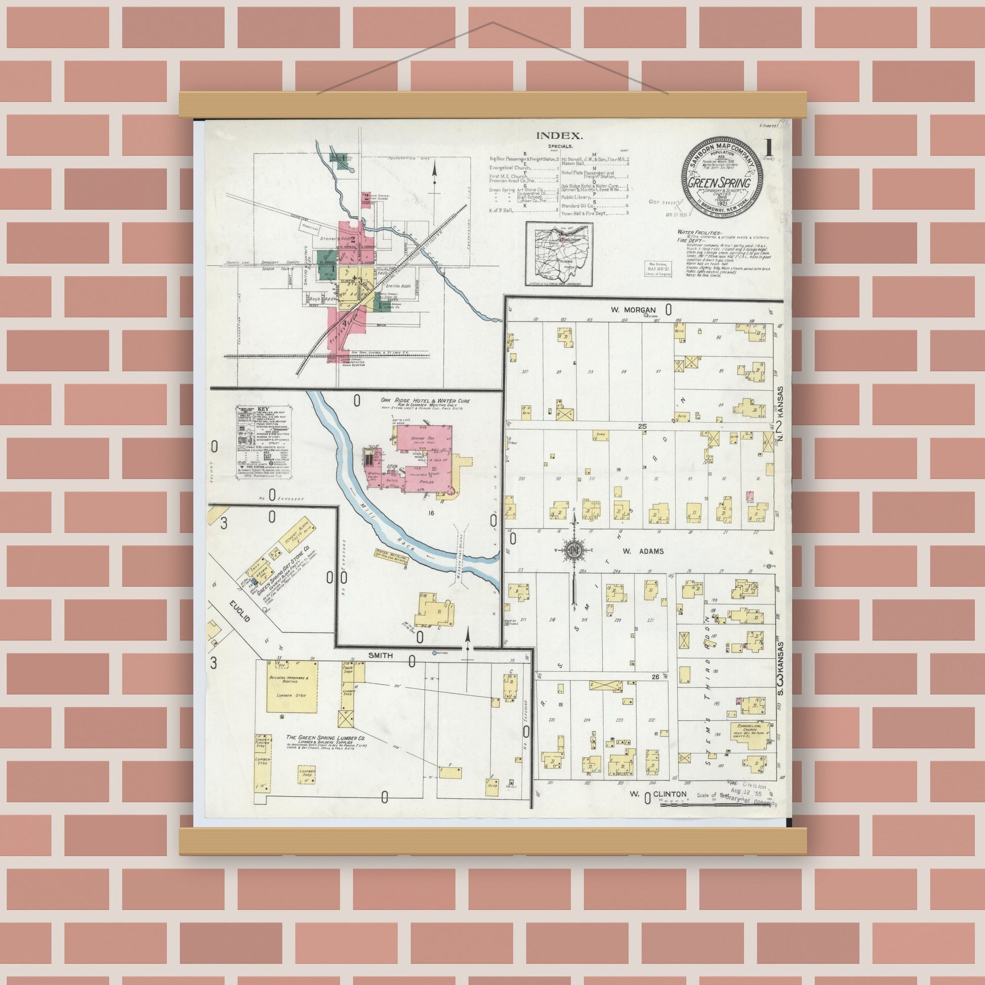Old map wall art mockup — magnetic wood frame on brick wall — Sanborn Fire Insurance Map from Green Springs, Sandusky And Seneca Counties, Ohio (1921) - Complete Map Set