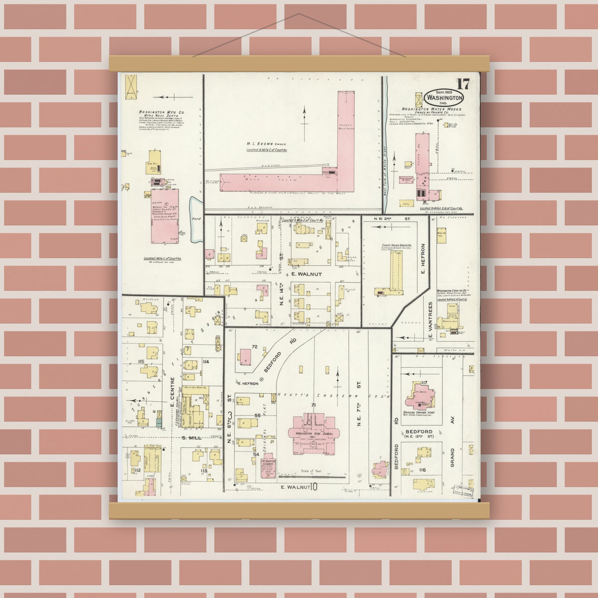 Old map wall art mockup — magnetic wood frame on brick wall — Sanborn Fire Insurance Map from Washington, Daviess County, Indiana (1909), Sheet #0017