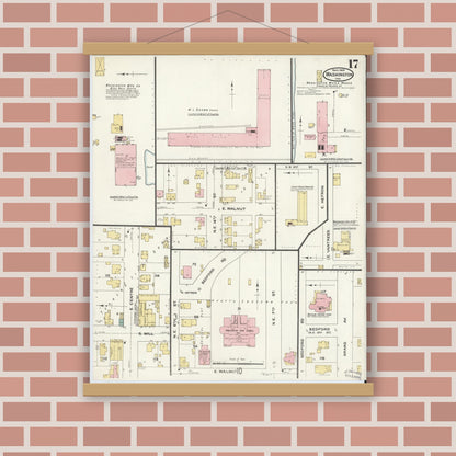Old map wall art mockup — magnetic wood frame on brick wall — Sanborn Fire Insurance Map from Washington, Daviess County, Indiana (1909), Sheet #0017