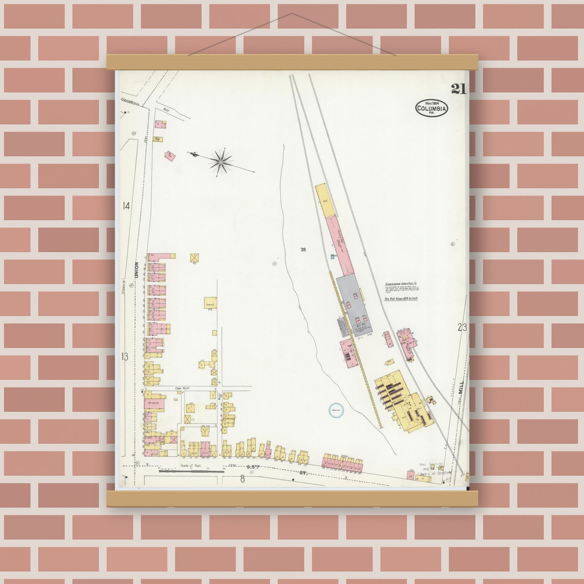 Old map wall art mockup — magnetic wood frame on brick wall — Sanborn Fire Insurance Map from Columbia, Lancaster County, Pennsylvania (1904), Sheet #0021
